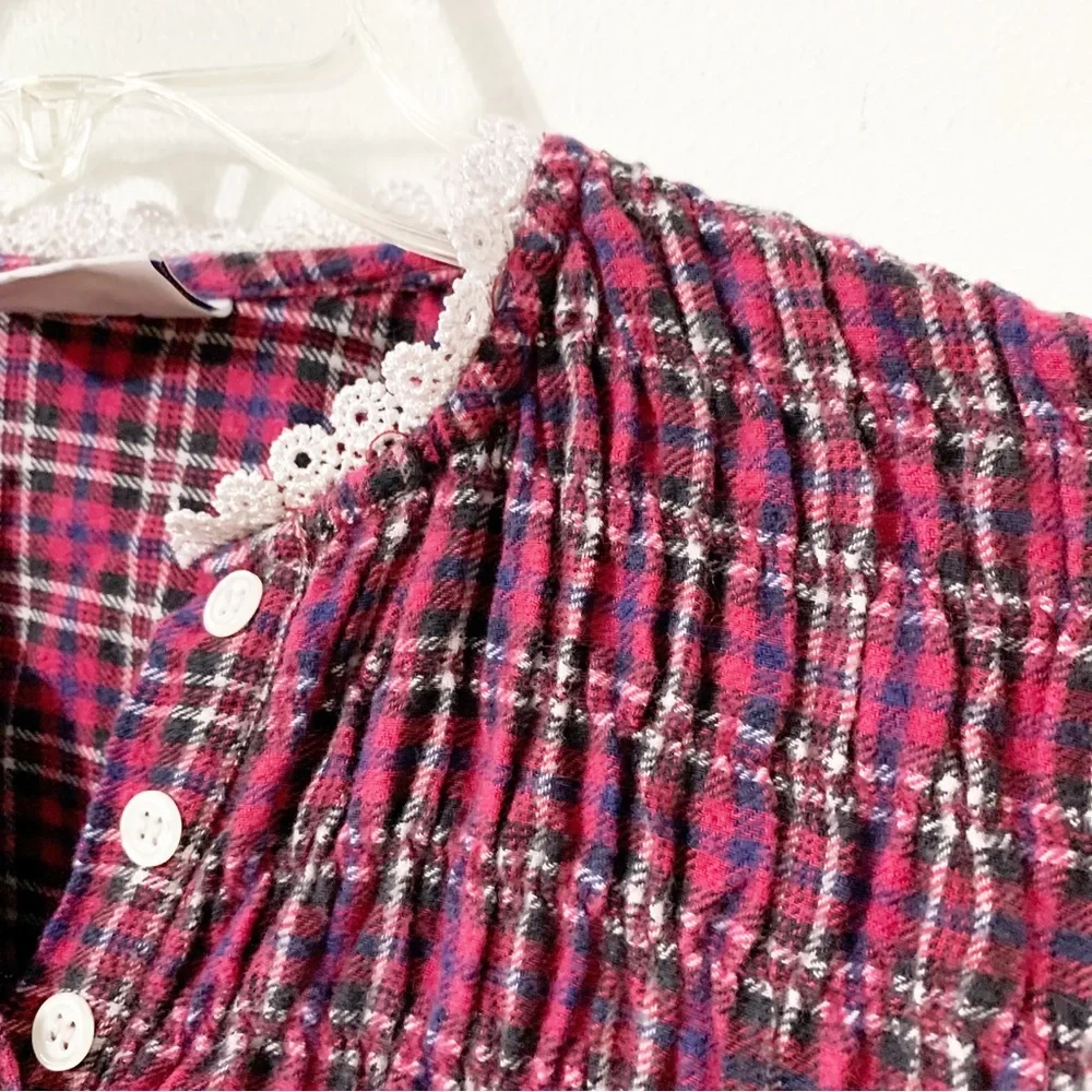 Vintage Castle Harbor Cotton Plaid Flannel Nightgown Ruffle Hem Lace Detail🔴⚫️